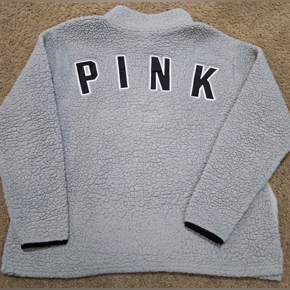 PINK Victoria's Secret Large Spellout Half Zip Sherpa Sweater - Picture 1 of 5